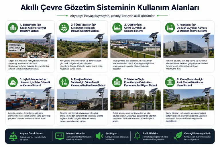 Akıllı Çevre Gözetim Sisteminin kullanım alanlarını gösteren, belediye, OSB, fabrika, site ve kamu kurumları için örnekler içeren infografik